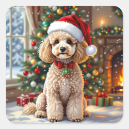 Pegatina Cuadrada Un lindo caniche festivo de Navidad