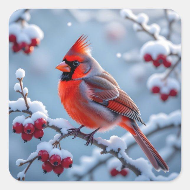 Pegatina Cuadrada Un lindo cardenal en una rama nevada de Navidad (Anverso)