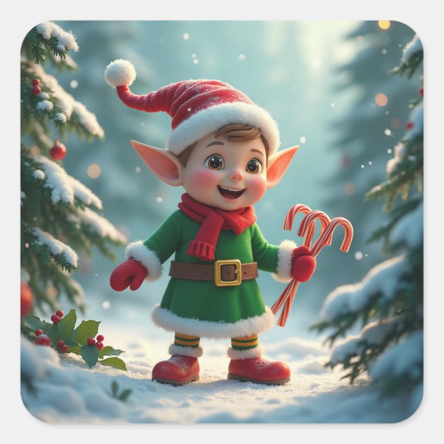 Pegatina Cuadrada Un lindo elfo con una lata de dulces (Anverso)