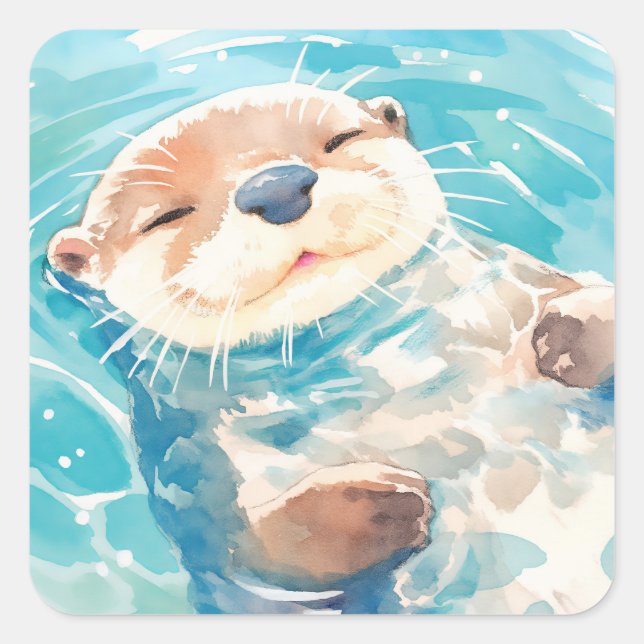 Pegatina Cuadrada Un Lindo Mundo Acuático de Nutria (Anverso)