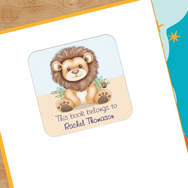 Pegatina Cuadrada Un Lino Bebé Cuto Este Libro Pertenece A Personali (Cute Baby Lion This Book Belongs To Personalized Square Sticker)