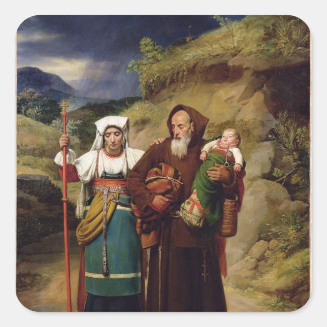 Pegatina Cuadrada Un monje que ayuda a un peregrino (Anverso)