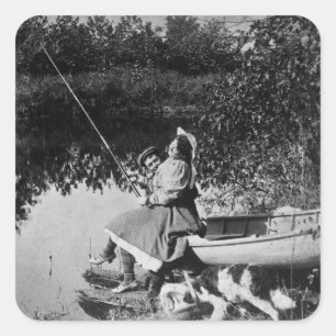 Pegatina Cuadrada Un mordisco leve - vintage Stereoview 1906 B&W