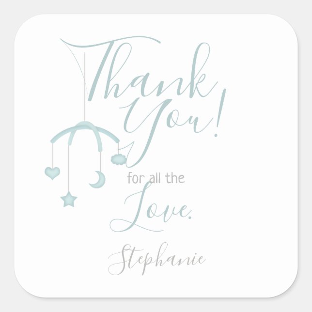 Pegatina Cuadrada Un niño pequeño y su Baby Shower móvil (Anverso)