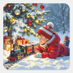 Pegatina Cuadrada Un niño y sus Navidades entrenan a los viejos