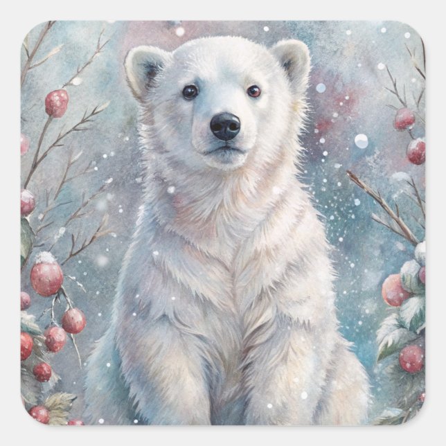 Pegatina Cuadrada Un osito polar en invierno (Anverso)