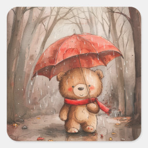 Pegatina Cuadrada Un oso de peluche lindo en la lluvia