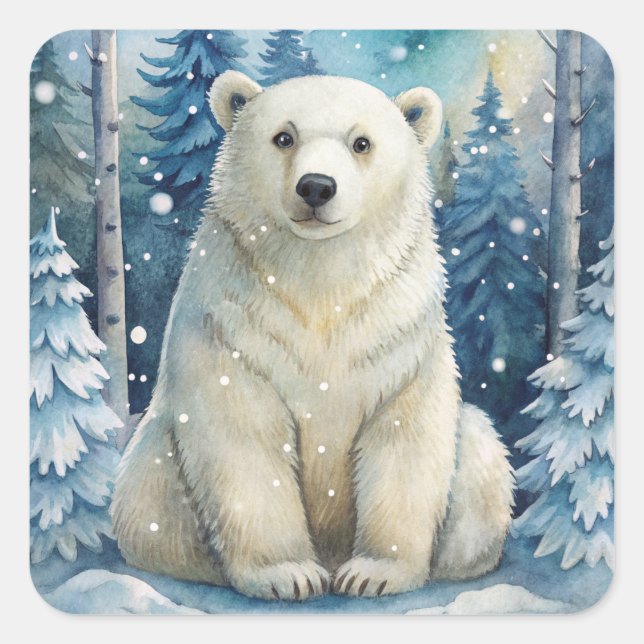 Pegatina Cuadrada Un oso polar en invierno (Anverso)