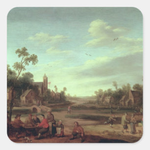 Pegatina Cuadrada Un paisaje fluvial de madera, 1646