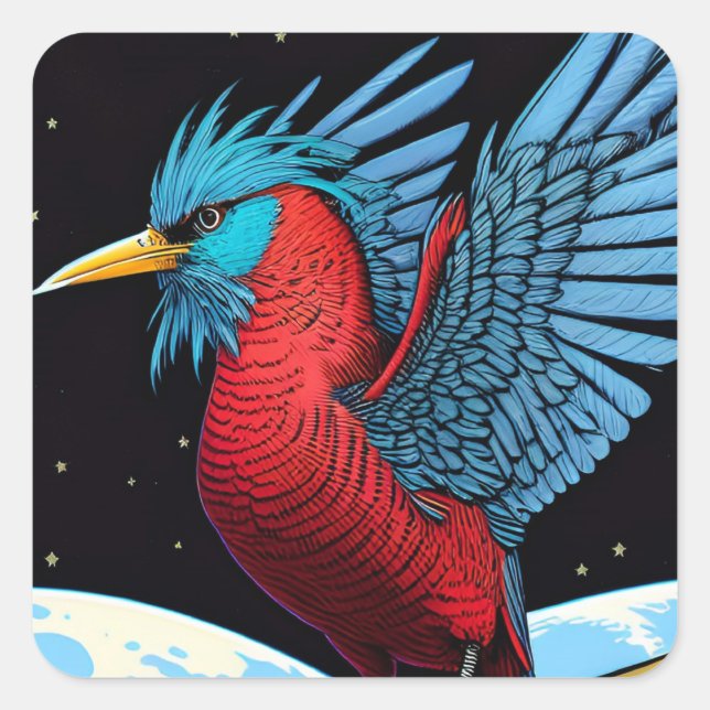 Pegatina Cuadrada Un pájaro con un palo en el espacio (Anverso)