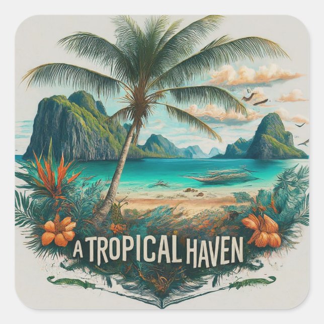 Pegatina Cuadrada Un paraíso tropical (Anverso)