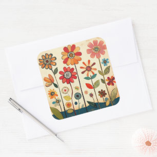 Pegatina Cuadrada Un parche cálido de zinnias terracota
