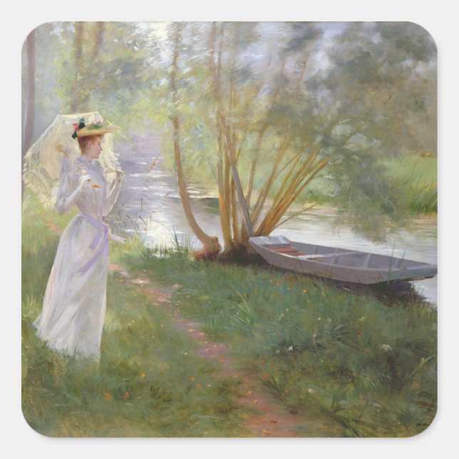 Pegatina Cuadrada Un paseo por el río, 1890 (Anverso)