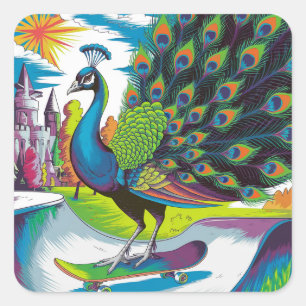 Pegatina Cuadrada Un pavo real para patinar en patineta