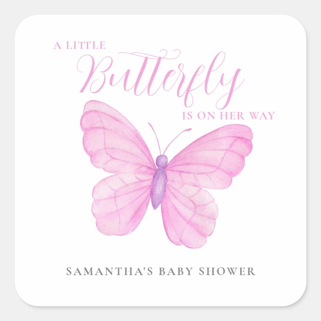Pegatina Cuadrada Un pequeño Baby Shower Chica rosa de mariposa (Anverso)