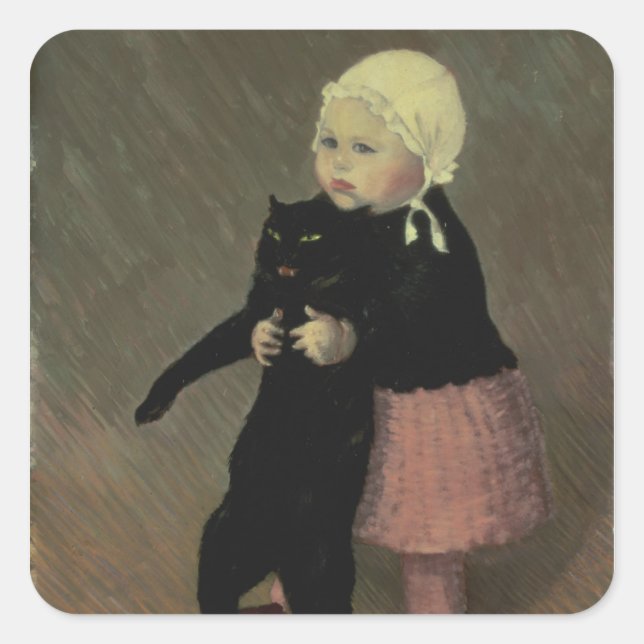 Pegatina Cuadrada Un pequeño Chica con un gato, 1889 (Anverso)