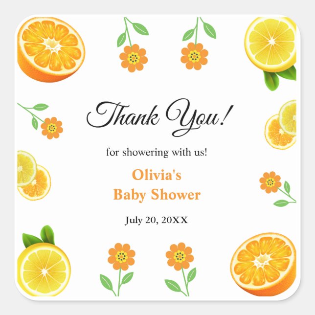 Pegatina Cuadrada Un pequeño cítrico de limón cúbico gracias Baby Sh (Anverso)