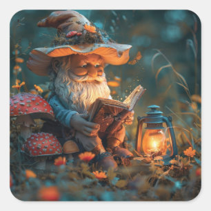 Pegatina Cuadrada Un pequeño gnomo leyendo un libro