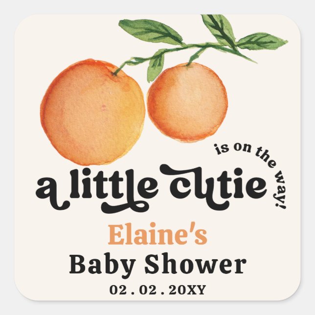 Pegatina Cuadrada Un Pequeño Testigo Está En Camino Naranja Baby Sho (Anverso)