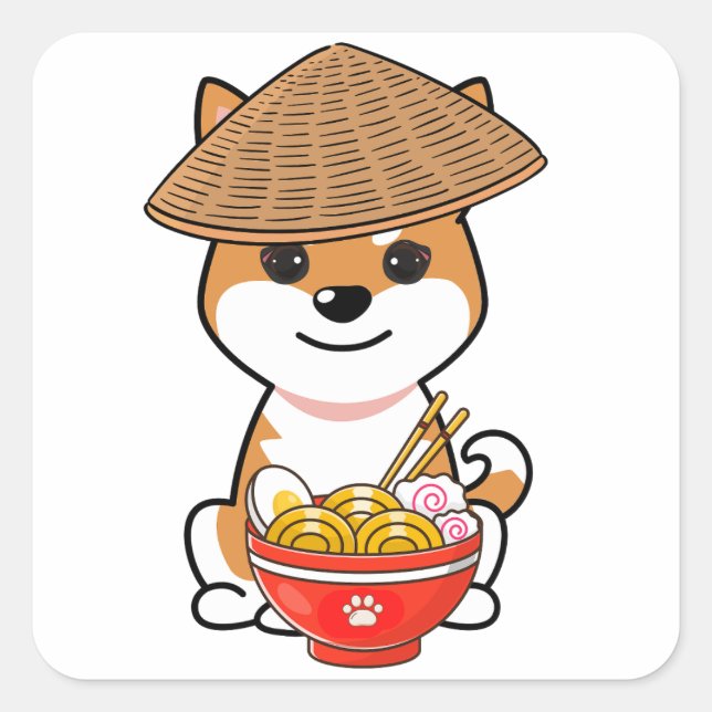 Pegatina Cuadrada Un perro naranja gracioso come fideos (Anverso)