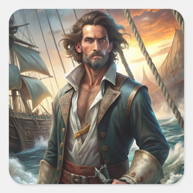 Pegatina Cuadrada Un pirata desde un barco (Anverso)