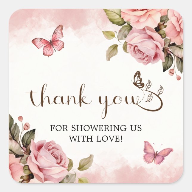Pegatina Cuadrada Un poco de mariposa en Baby Shower gracias (Anverso)