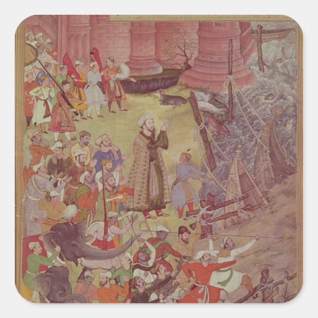 Pegatina Cuadrada Un puente de botes roto por Akbar (r.1556-1605) en (Anverso)