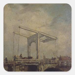Pegatina Cuadrada Un puente drástico en un pueblo holandés, 1875