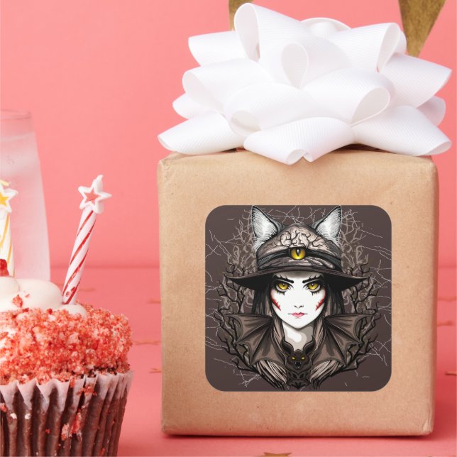 Pegatina Cuadrada Un retrato cursi de bruja de Gato de Brujas Hallow (Fiesta)