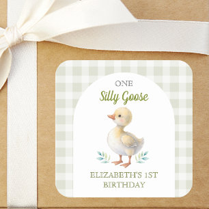 Pegatina Cuadrada Un Silly Goose Cumpleaños Primero de Bebé de Cuadr