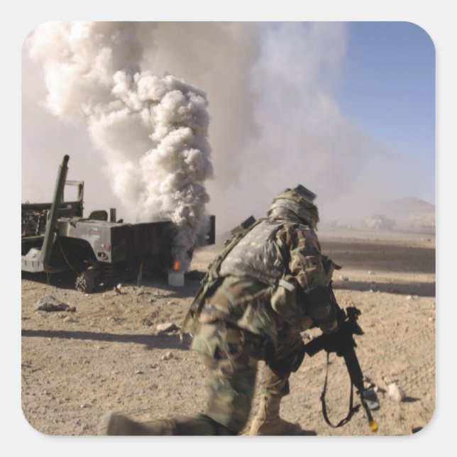 Pegatina Cuadrada Un soldado reacciona a una expulsión controlada (Anverso)