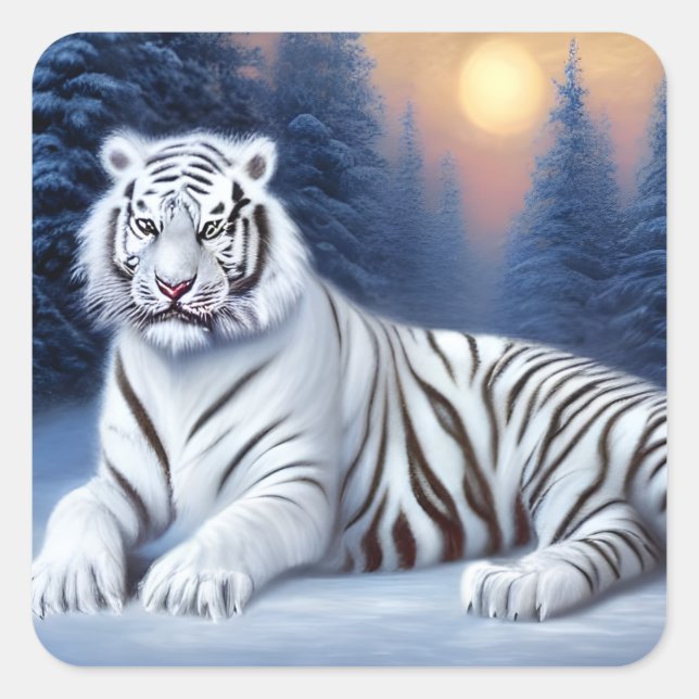 Pegatina Cuadrada Un tigre blanco sentado en la nieve (Anverso)