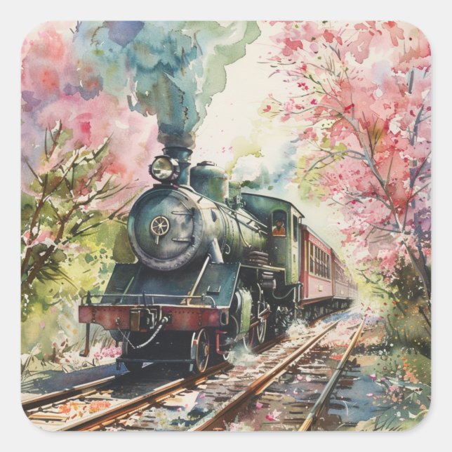 Pegatina Cuadrada Un tren en primavera (Anverso)
