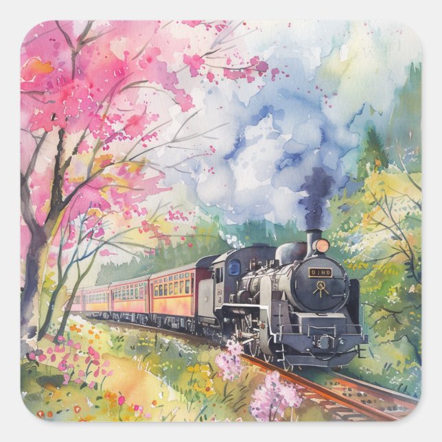 Pegatina Cuadrada Un tren en primavera (Anverso)