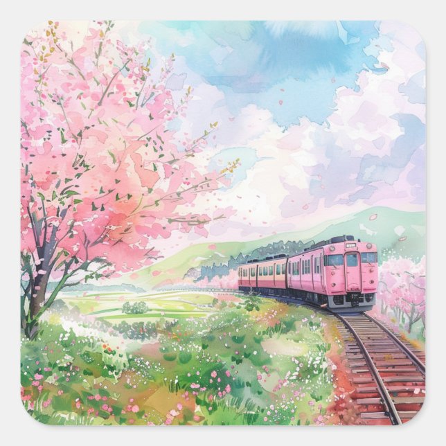 Pegatina Cuadrada Un tren en primavera (Anverso)