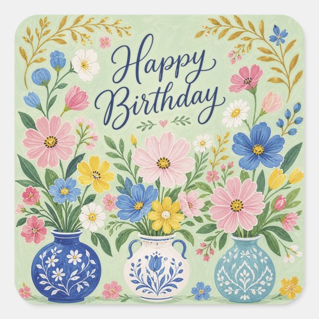 Pegatina Cuadrada Un trío de flores de cumpleaños (Anverso)