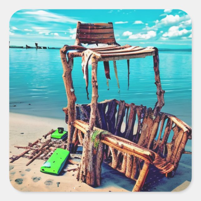 Pegatina Cuadrada Un viejo salvavidas abandonado en una playa abando (Anverso)
