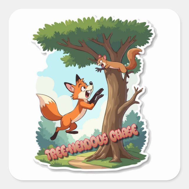 Pegatina Cuadrada Un Zorro juguetón persiguiendo a una ardilla (Anverso)