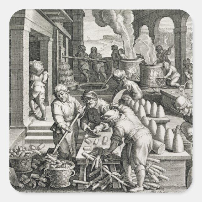 Pegatina Cuadrada Una almazara y la producción de azúcar (Anverso)