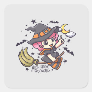 Pegatina Cuadrada Una Bruja Cuta Viajando A Un Broomstick