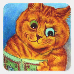 Pegatina Cuadrada Una buena lectura, ilustrada por Louis Wain