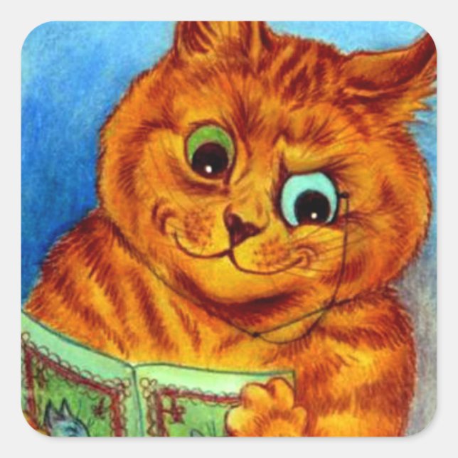 Pegatina Cuadrada Una buena lectura, ilustrada por Louis Wain (Anverso)