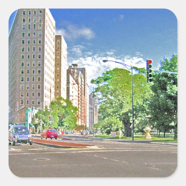 Pegatina Cuadrada Una bulliciosa tarde de Chicago (Anverso)