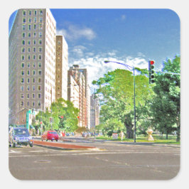 Pegatina Cuadrada Una bulliciosa tarde de Chicago