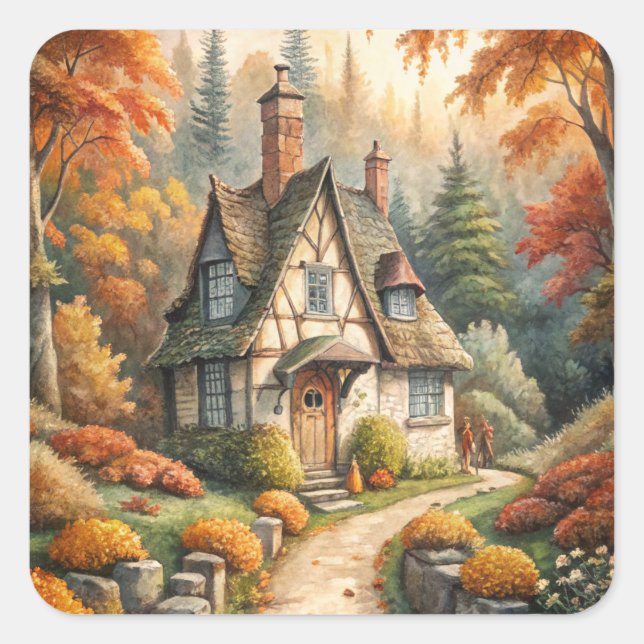 Pegatina Cuadrada Una cabaña en otoño (Anverso)