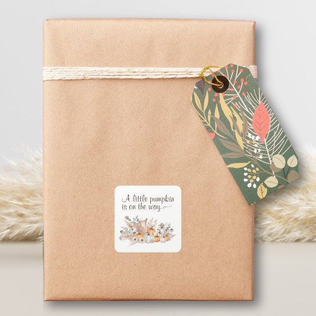 Pegatina Cuadrada Una calabaza está en camino a Baby Shower (A Little Pumpkin Is On The Way Baby Shower Sticker)
