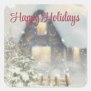 Pegatina Cuadrada Una casa con un árbol de Navidad y una cerca