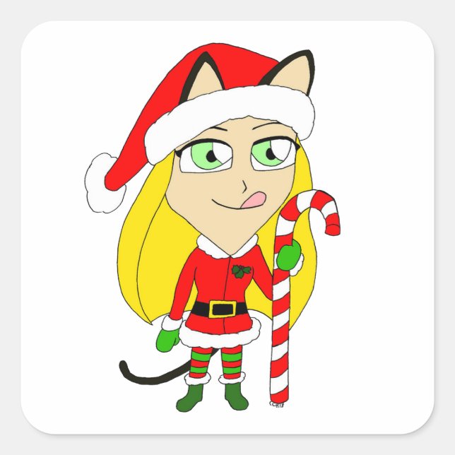 Pegatina Cuadrada una chica chibi Navidad (Anverso)