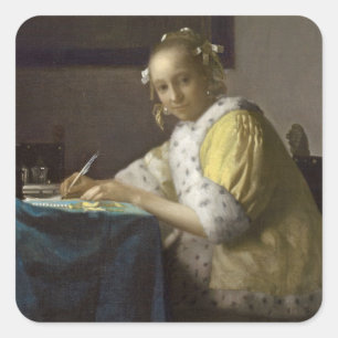 Pegatina Cuadrada Una dama escribiendo, c. 1665 (aceite sobre lienzo