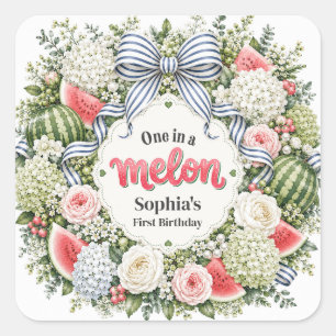 Pegatina Cuadrada Una en una Sandía Cumpleaños Floral Primero